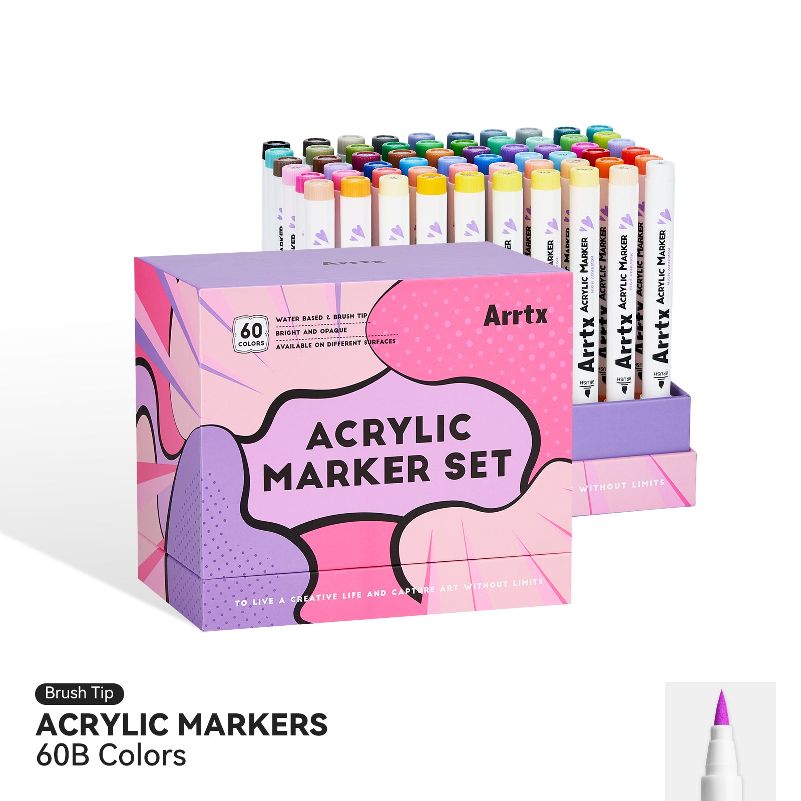 Arrtx 60B Acrylic Paint Markers Anime Colors Brush Tip Art Supplies