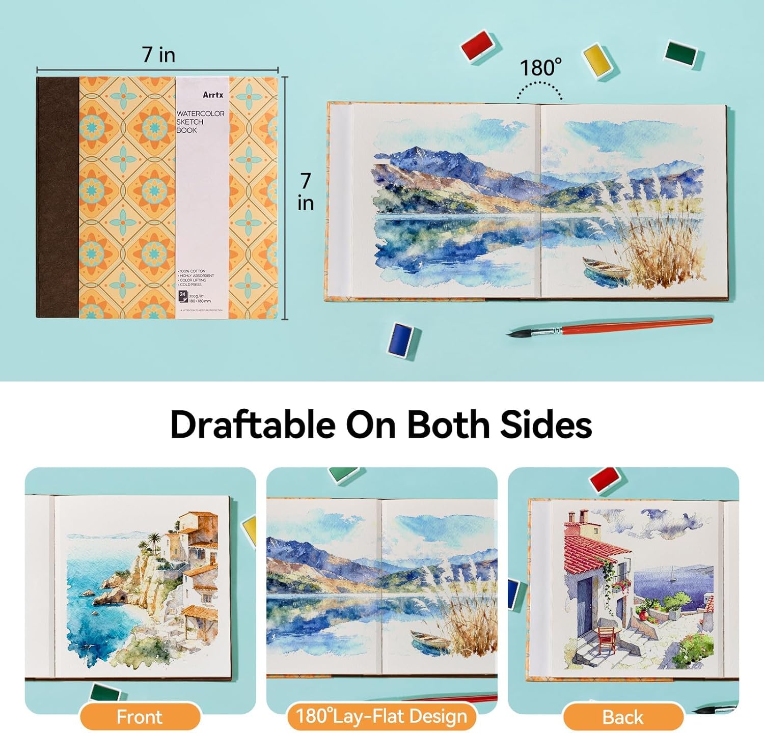 Arrtx Square Watercolor Paper Drawing Sketchbook Journal 7.09"x7.09"