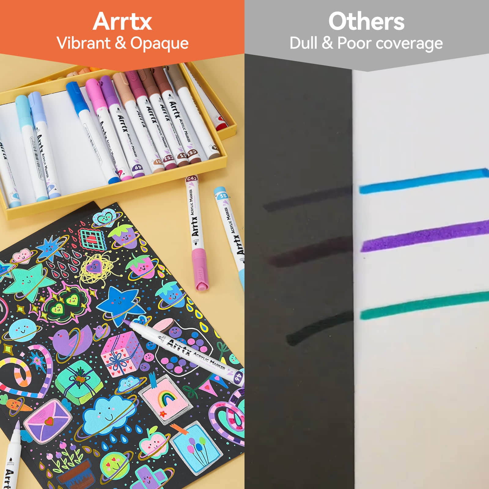 Arrtx 48E Colors Acrylic Marker Paint Pens Brush Tip Series