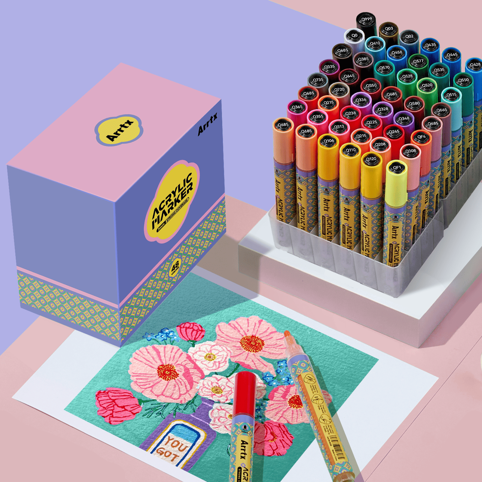 Arrtx 48 Colors Acrylic Paint Markers 3mm Medium Tip Valve Design