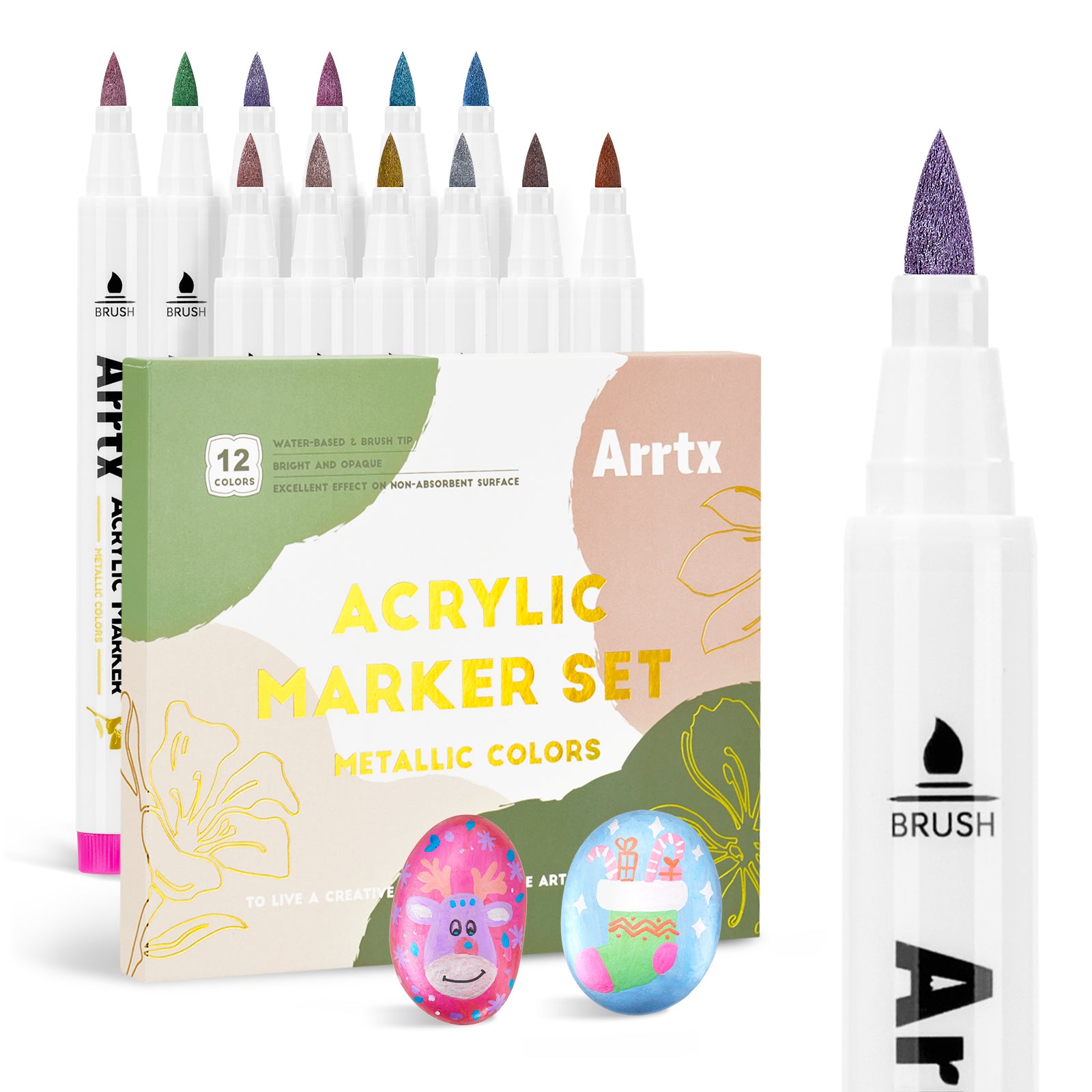 Arrtx 12 Metallic Colors Acrylic Paint Markers Brush Tip Paint Pens