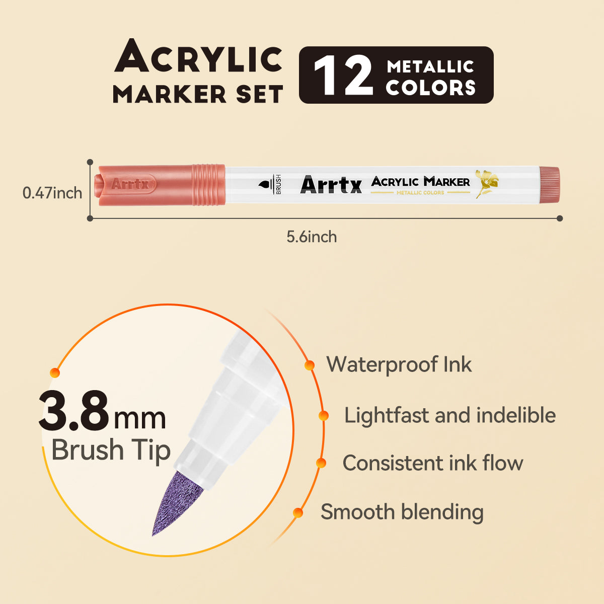 Arrtx 12 Metallic Colors Acrylic Paint Markers Brush Tip Paint Pens