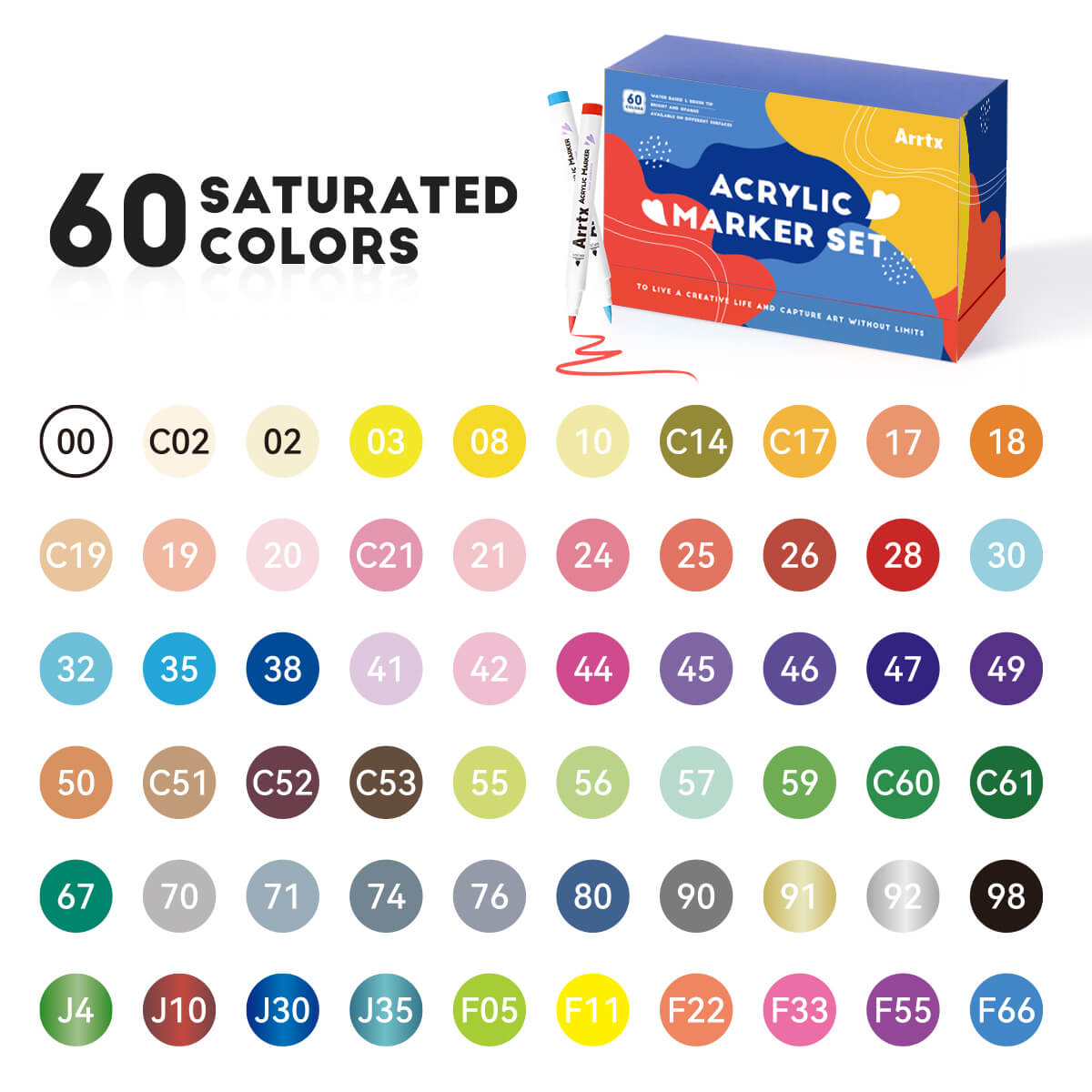 Arrtx 60A Colors Acrylic Paint Markers Brush Tip Art Supplies