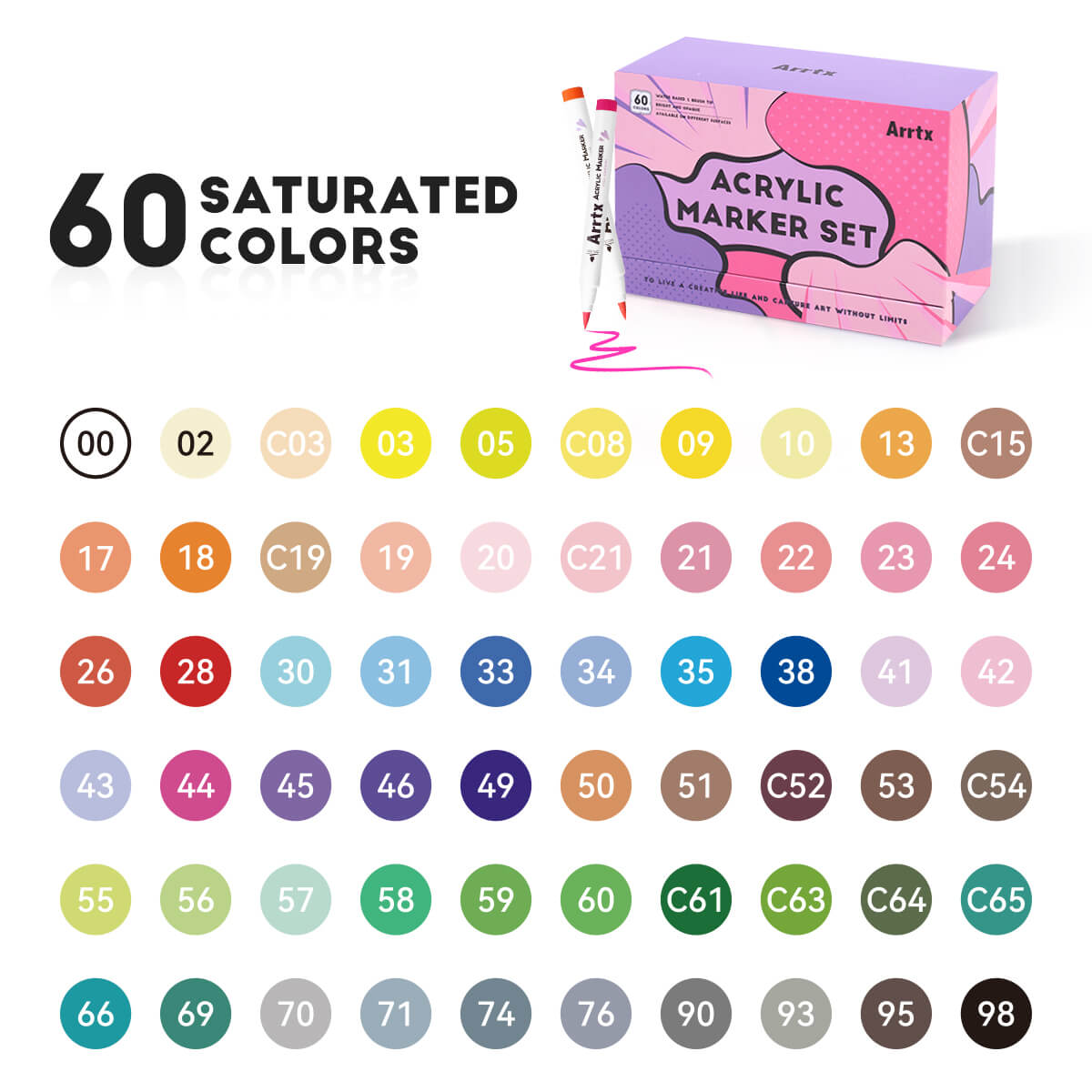 Arrtx 60B Acrylic Paint Markers Anime Colors Brush Tip Art Supplies