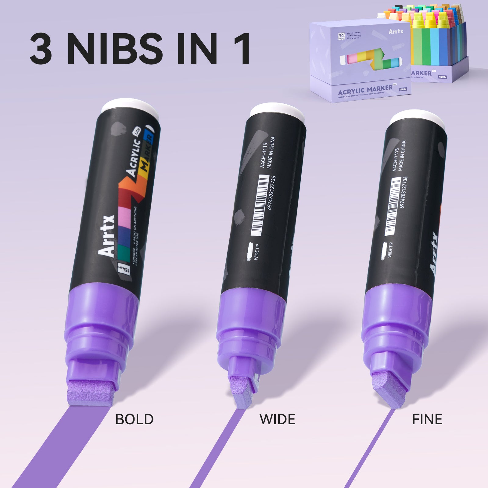 Arrtx 30 Colors Acrylic Markers Jumbo 15mm Tip Paint Markers