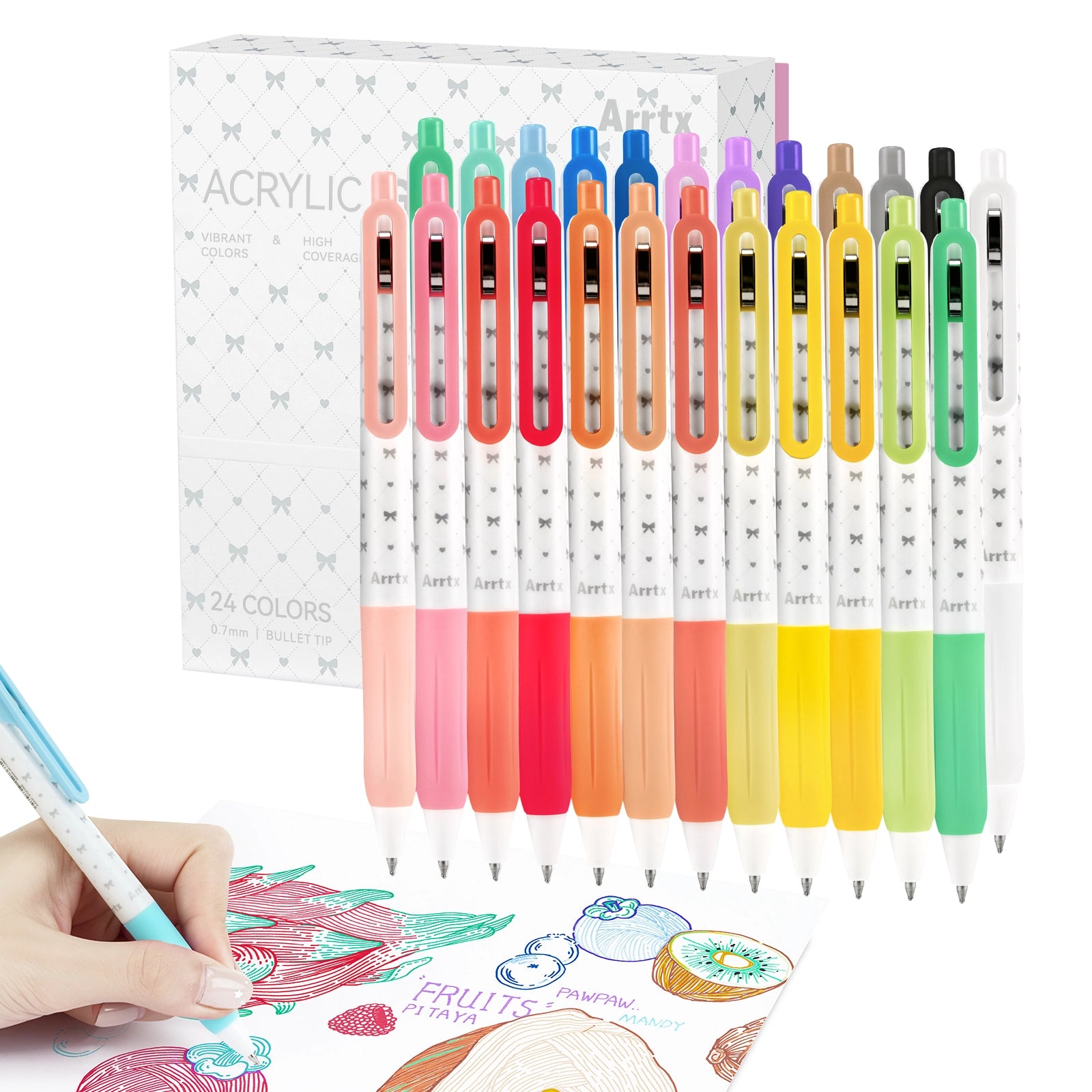ARRTX 24 Colors Set Acrylic Gel Pens 0.7mm Bullet Tip Single Tip