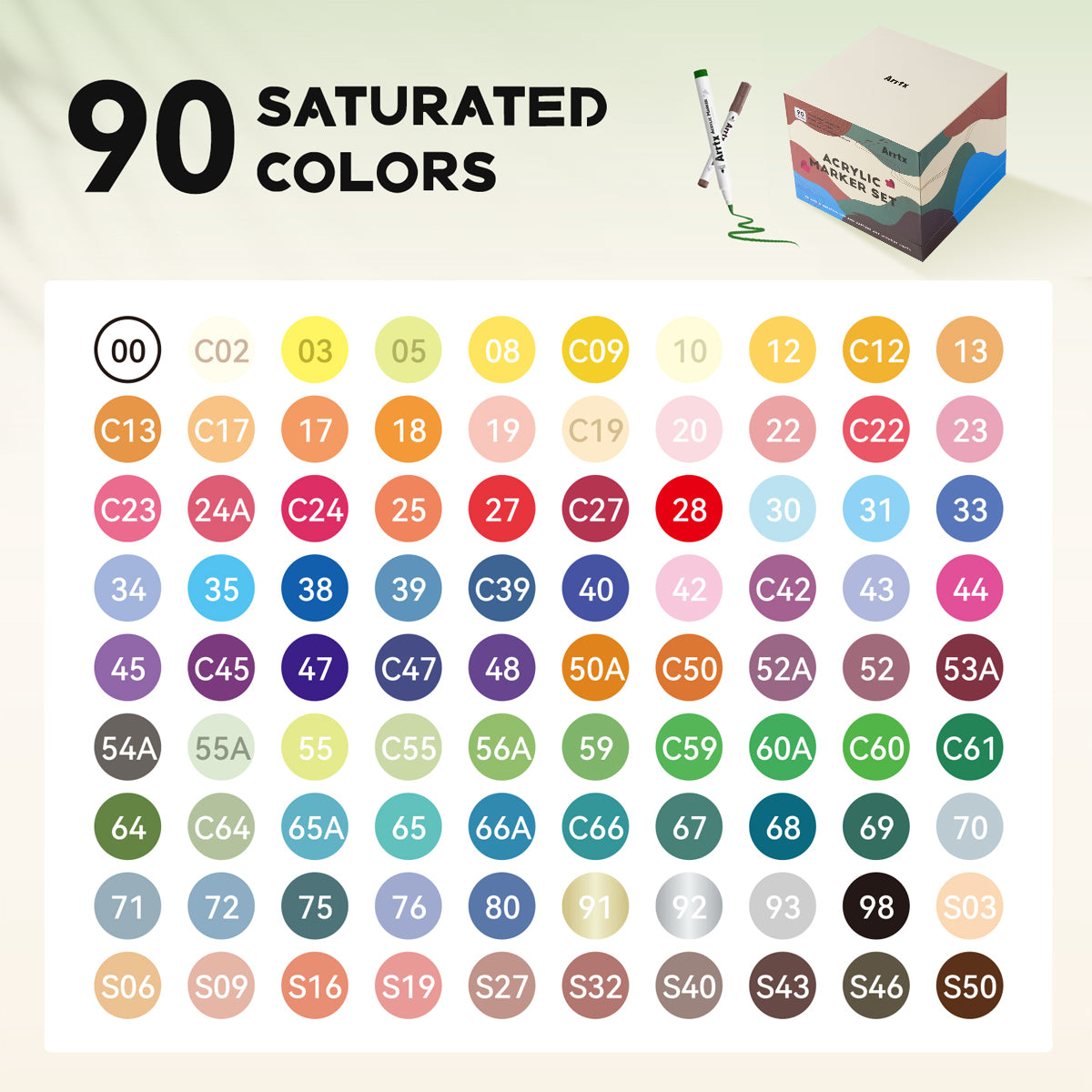 Arrtx 90A Colors Acrylic Marker Pens Paint Brushes