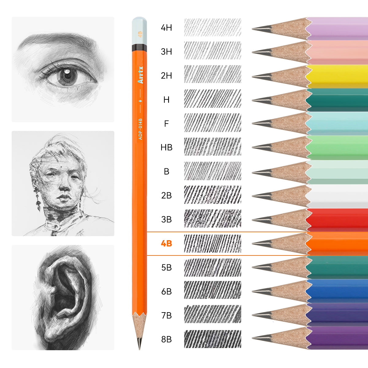 Arrtx Drawing Pencils 14 Pcs (4H - 8B) Artist Sketching Pencils