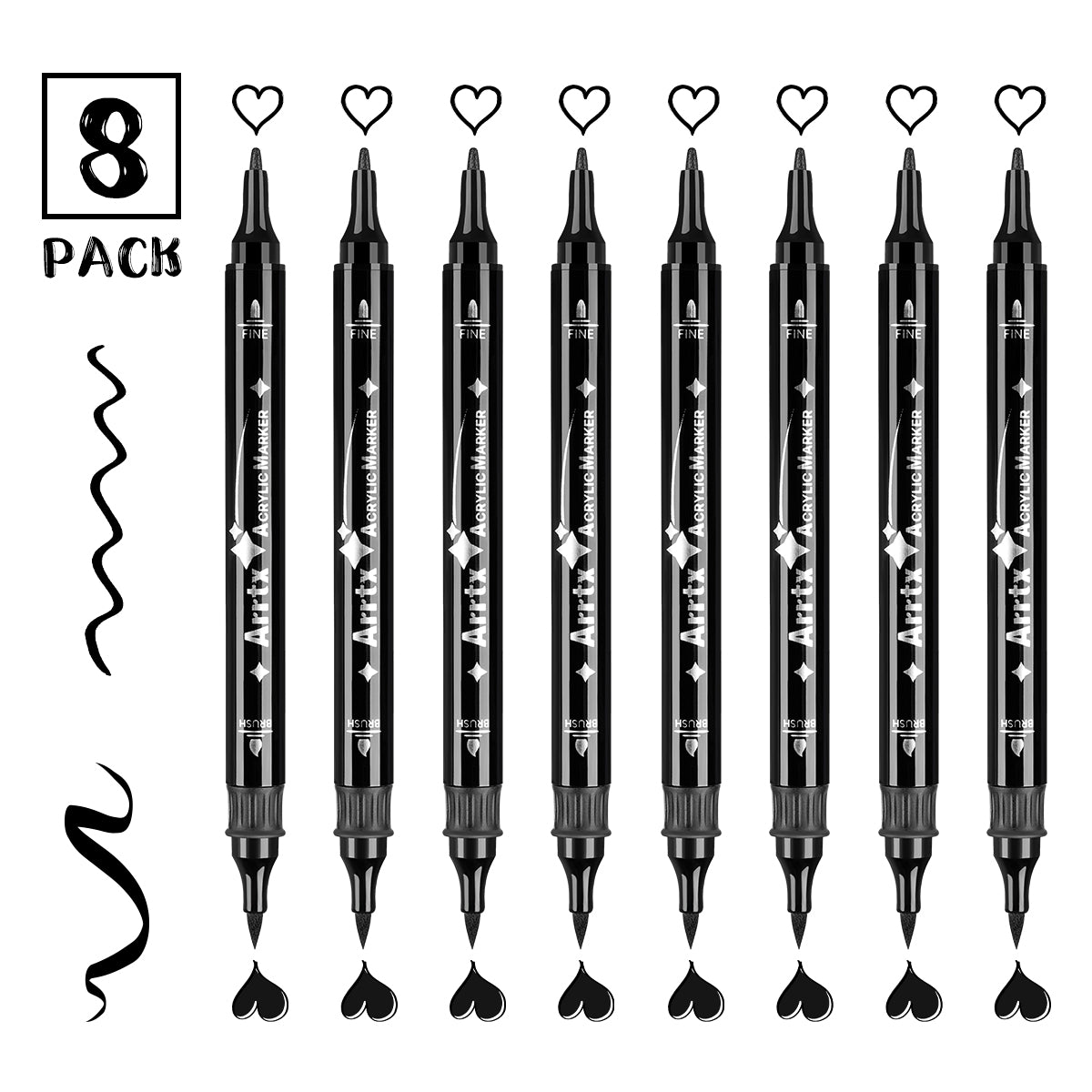 Arrtx 8 Pack Black Colors Acrylic Paint Marker Dual Tip
