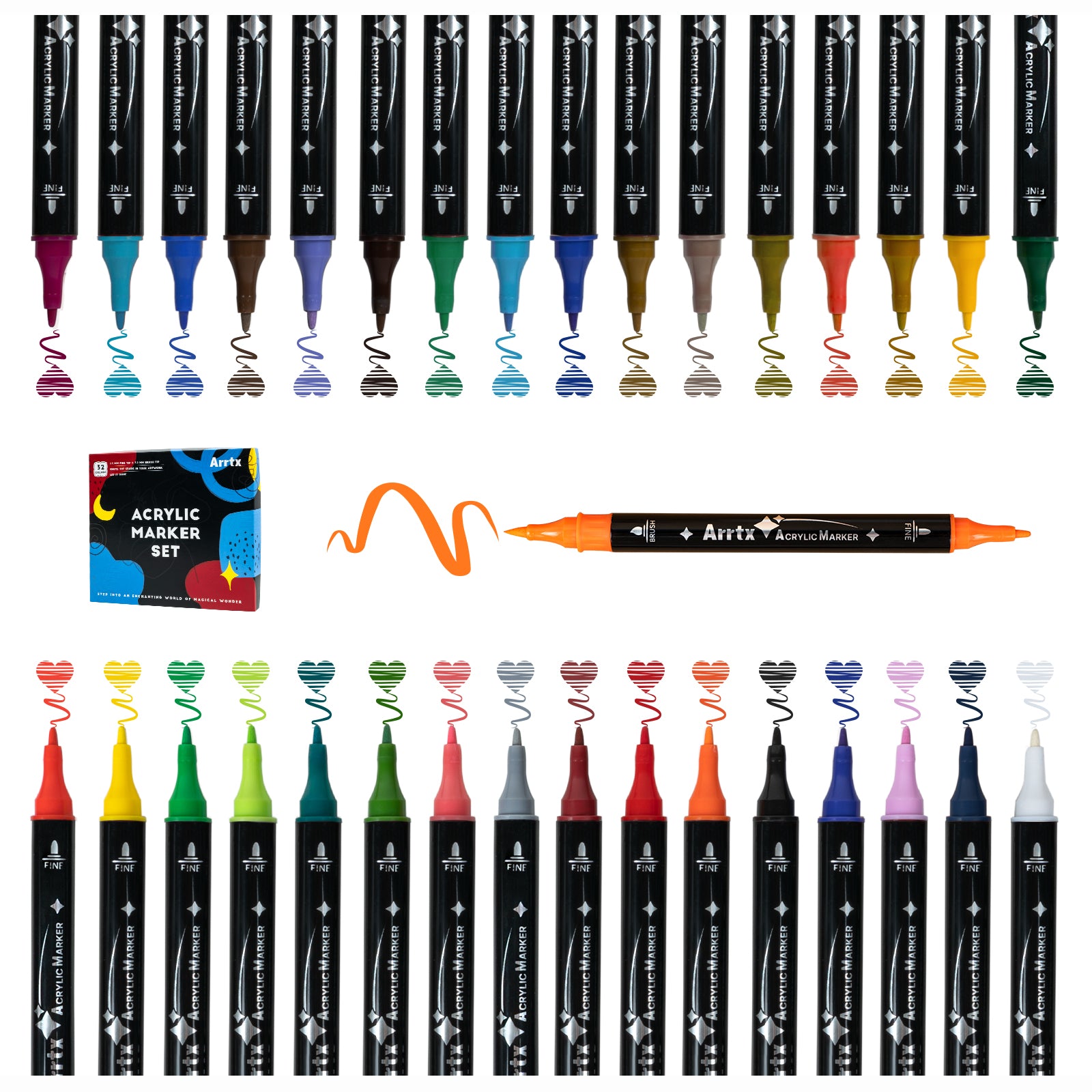 Arrtx 32 Colors Acrylic Marker Dual Tip Paint Pens