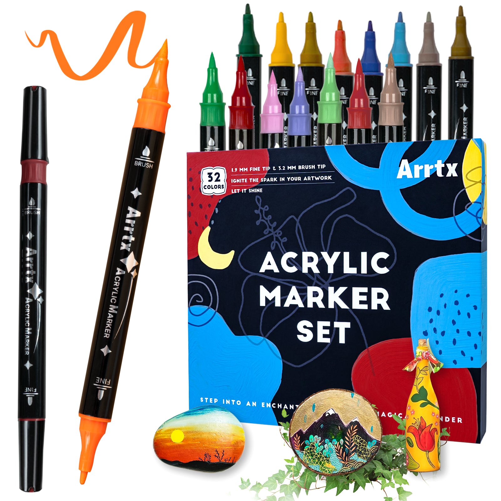 Arrtx 32 Colors Acrylic Marker Dual Tip Paint Pens