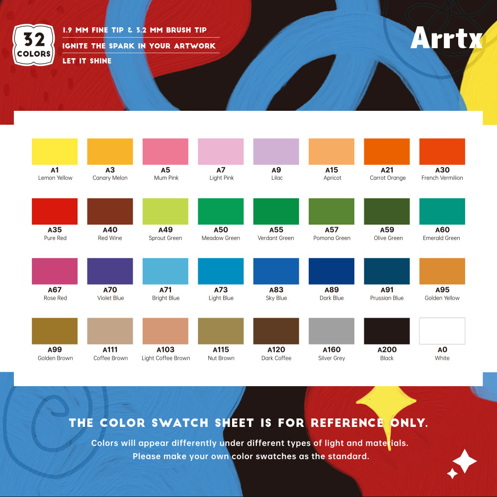 Arrtx 32 Colors Acrylic Marker Dual Tip Paint Pens