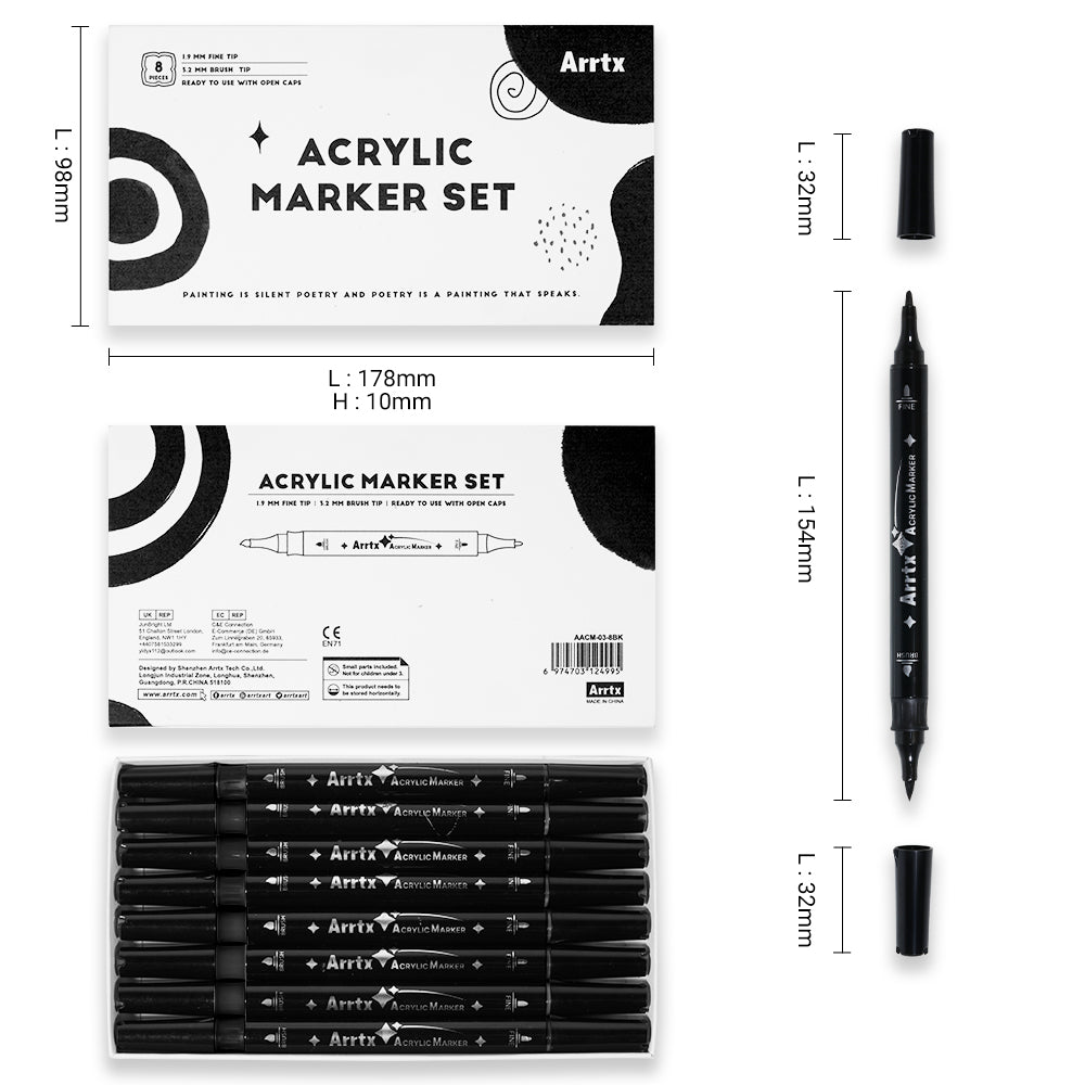 Arrtx 8 Pack Black Colors Acrylic Paint Marker Dual Tip